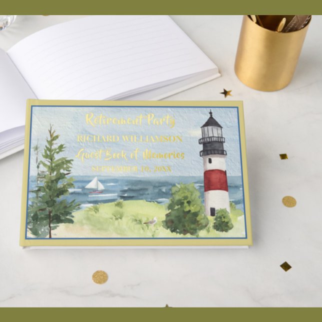 Retirement Party Coastal Lighthouse Gold Foil Guest Book (Creator Uploaded)