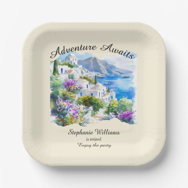 Retirement Party Colourful Greece Village Ocean Paper Plate (Front)