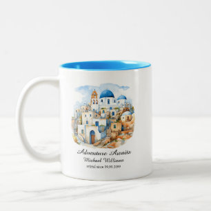 Retirement Party Colourful Greece Village Ocean Two-Tone Coffee Mug