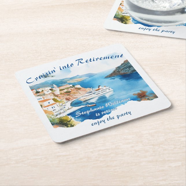 Retirement Party Cruising Destination Greece  Square Paper Coaster (Angled)