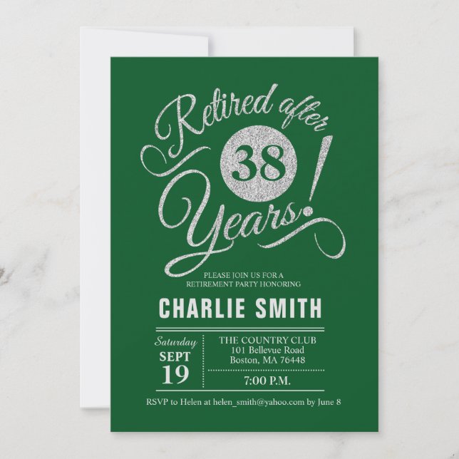 Retirement Party - Dark Green Silver Invitation (Front)