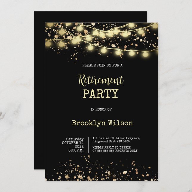 Retirement Party Elegant Black and Gold Invitation (Front/Back)