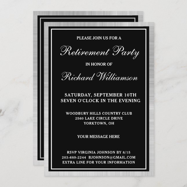 Retirement Party Elegant Black Silver Invitation (Front/Back)