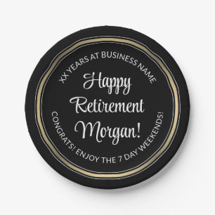 Retirement Party Elegant Black, White & Gold round Paper Plate