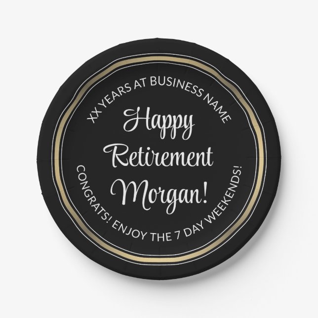 Retirement Party Elegant Black, White & Gold round Paper Plate (Front)