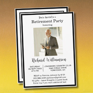 Retirement Party Elegant Black White Photo  Invitation