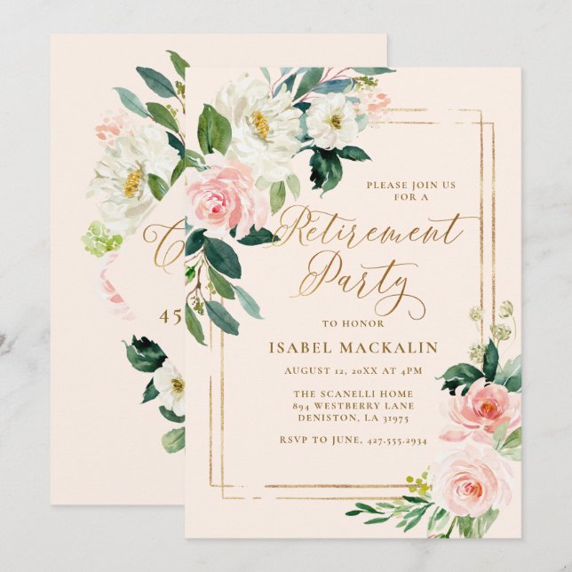 Retirement Party Elegant Blush Pink Floral Pretty Invitation (Front/Back)