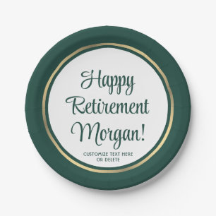 Retirement Party Elegant Green and Gold Bordered Paper Plate