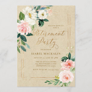 Retirement Party Elegant Pink Floral Kraft Rustic Invitation