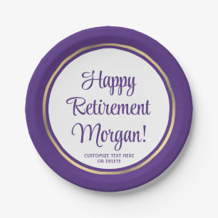 Retirement Party Elegant Purple and Gold Bordered Paper Plate