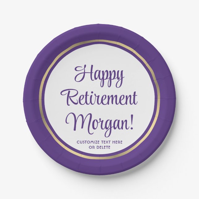 Retirement Party Elegant Purple and Gold Bordered Paper Plate (Front)