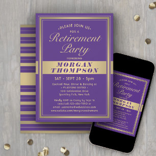 Retirement Party Elegant Purple and Gold Script Invitation