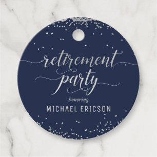 Retirement Party Favour Tag Elegant Silver, Navy