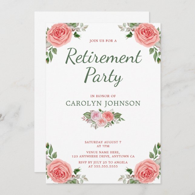 Retirement Party Floral Rose Pink Green Invitation (Front/Back)