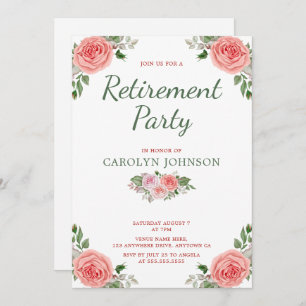 Retirement Party Floral Rose Pink Green Invitation