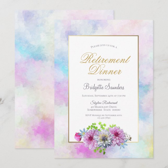 Retirement Party Floral with Watercolor Border Invitation (Front/Back)