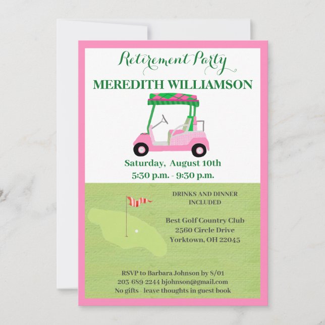 Retirement Party Fun Pink Green Golf Party  Invitation (Front)