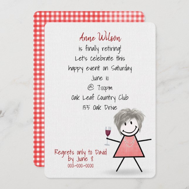 Retirement Party Girl with Wine  Invitation (Front/Back)