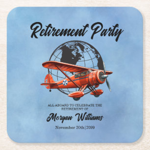 Retirement Party Globe Travel Plane Places  Square Paper Coaster