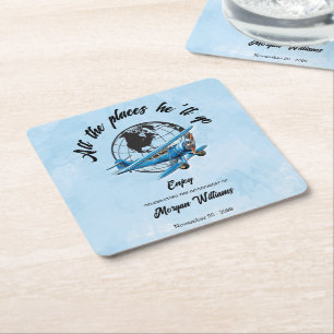 Retirement Party Globe Travel Plane Places Square Paper Coaster