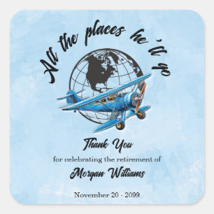 Retirement Party Globe Travel Plane Places Square Sticker