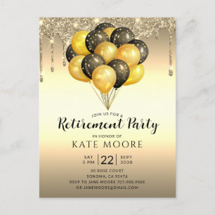 Retirement Party Gold Black Balloons Glitter Drips Announcement Postcard