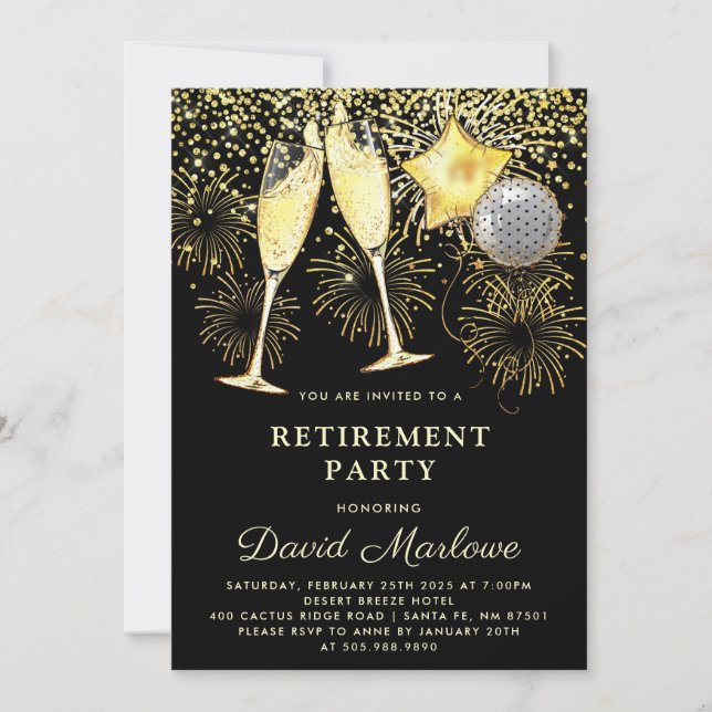 Retirement Party Gold Black Confetti Champagne  Invitation (Front)