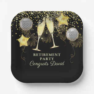 Retirement Party Gold Black Confetti Champagne Paper Plate