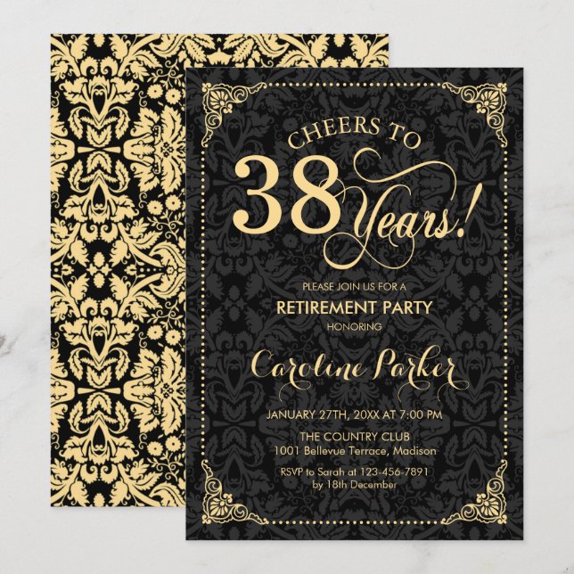 Retirement Party - Gold Black Damask Invitation (Front/Back)