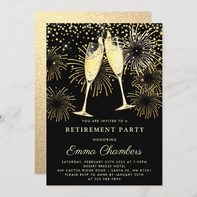 Retirement Party Gold Black Glitter Confetti Invit Invitation (Front/Back)
