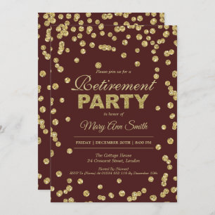 Retirement Party Gold Burgundy Glitter Confetti Invitation