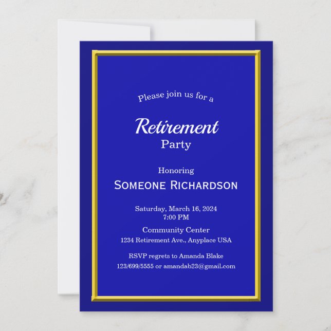 Retirement Party Gold Frame royal blue Invitation (Front)