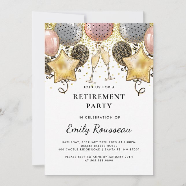 Retirement Party Gold Glitter Confetti Balloons  Invitation (Front)
