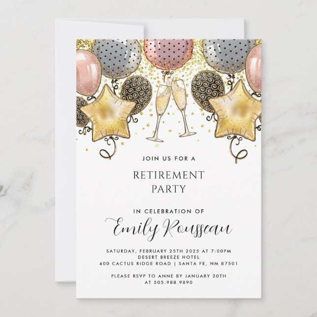 Retirement Party Gold Glitter Confetti Balloons  Invitation (Front)
