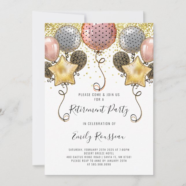 Retirement Party Gold Glitter Confetti Balloons Invitation (Front)