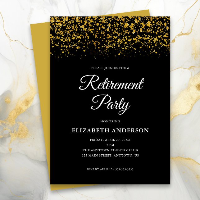 Retirement Party Gold Glitter Confetti Black Invitation (Creator Uploaded)