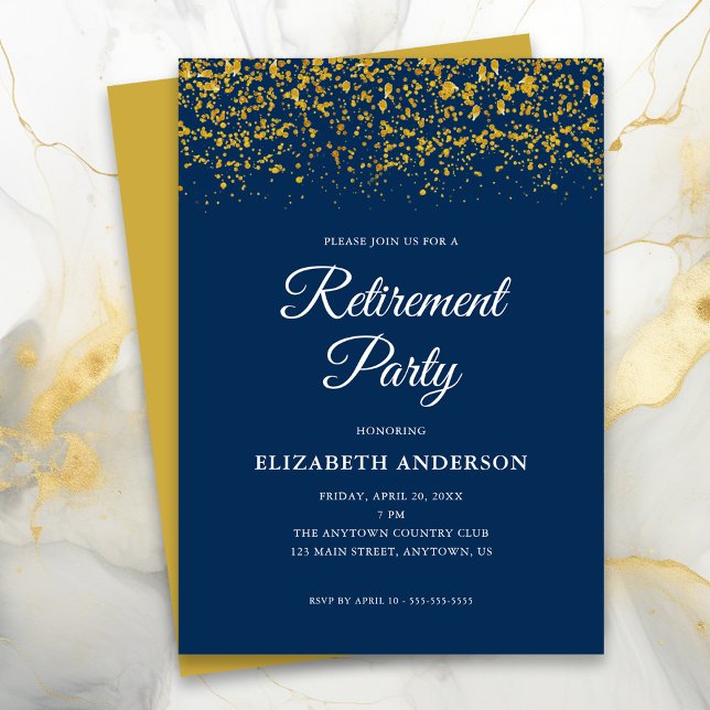 Retirement Party Gold Glitter Confetti Blue Invitation (Creator Uploaded)