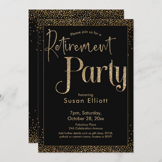Retirement Party Gold Glitter on Black Invitation (Front/Back)