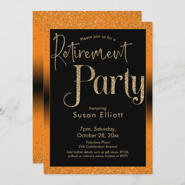 Retirement Party Gold Glitter on Bright Orange Invitation (Front/Back)