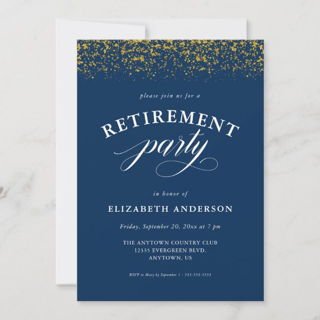 Retirement Party Gold Glitter Script Blue Invitation (Front)