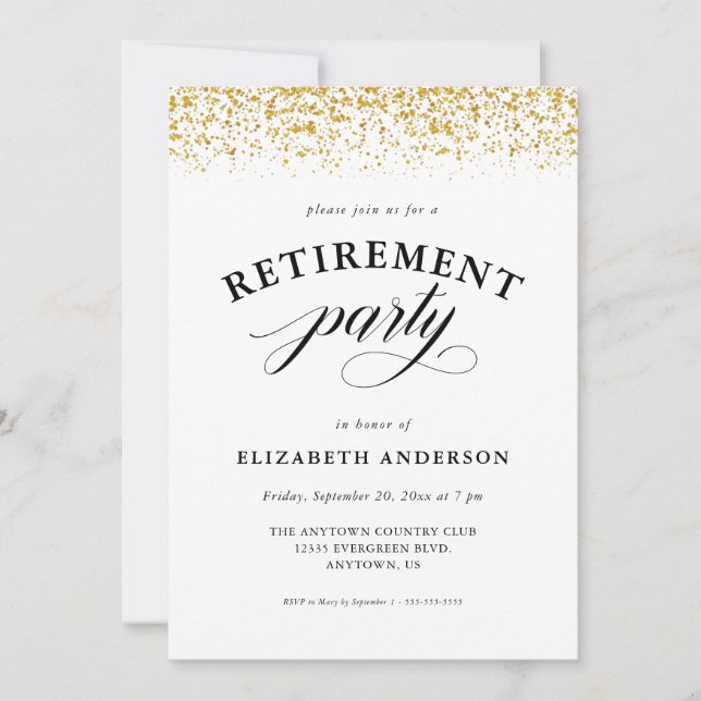 Retirement Party Gold Glitter Script Invitation (Front)