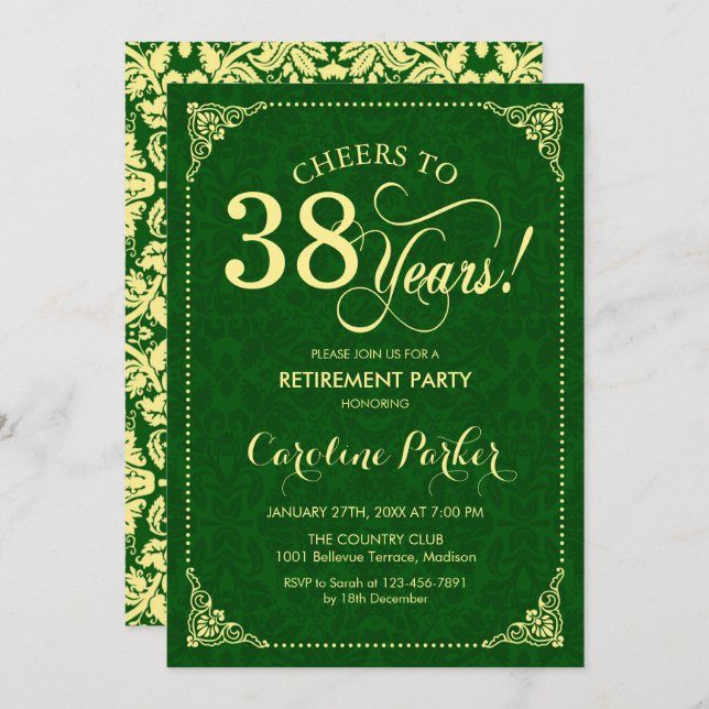Retirement Party - Gold Green Damask Invitation (Front/Back)