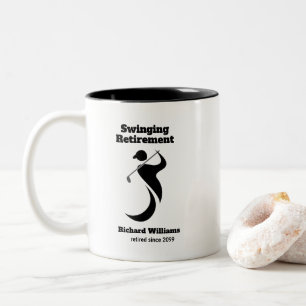 Retirement party golf player swinging modern style Two-Tone coffee mug