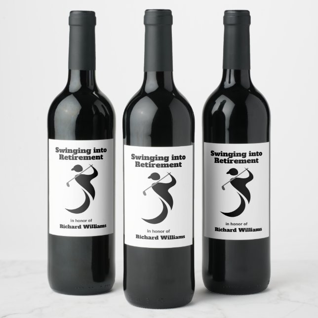 Retirement party golf player swinging modern style wine label (Bottles)