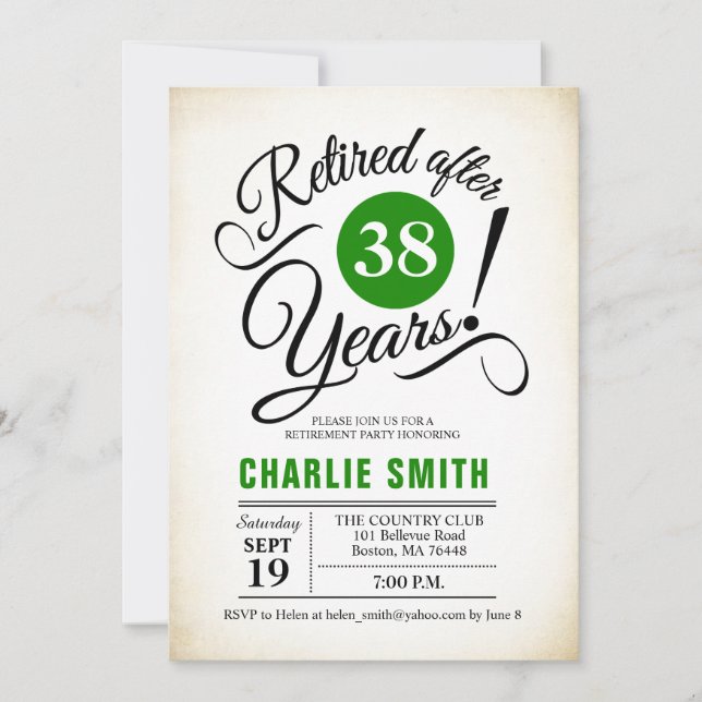 Retirement Party - Green Black White Invitation (Front)