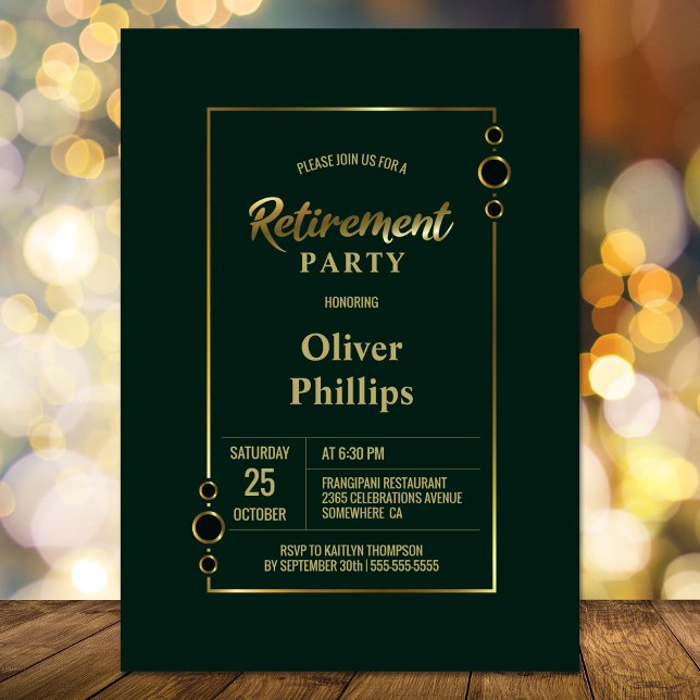 Retirement Party Green with Gold Frame Party Invitation (Creator Uploaded)