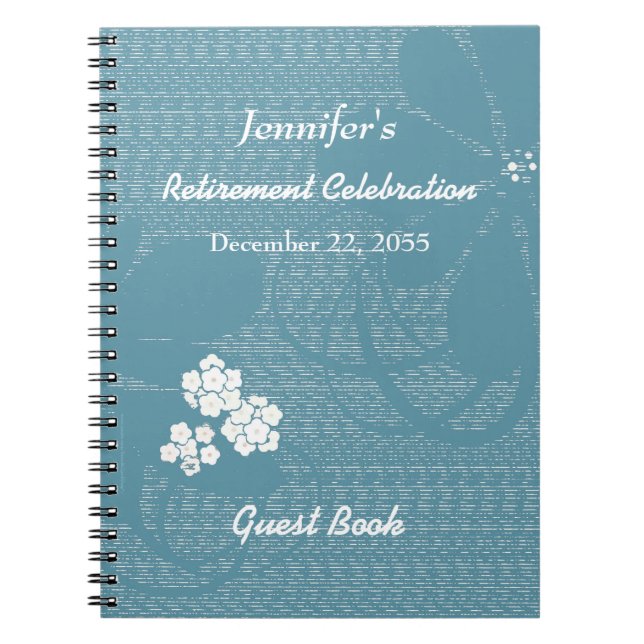 Retirement Party Guest Book Blue, White Floral (Front)