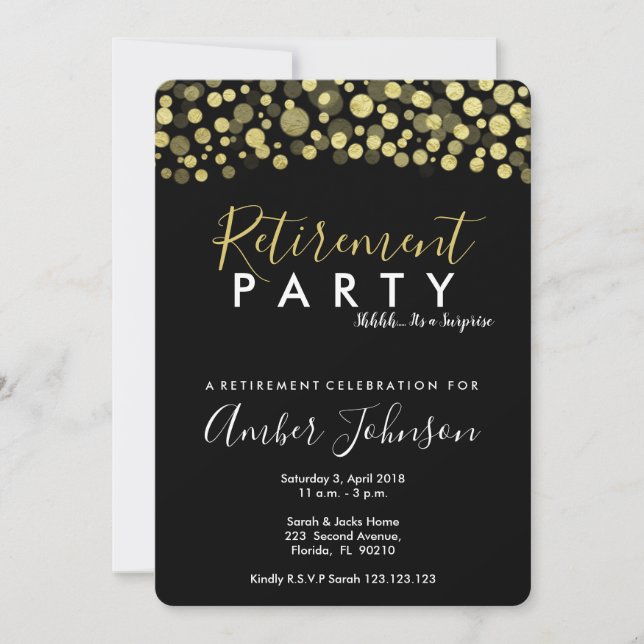 retirement party invitation, black and gold invitation (Front)