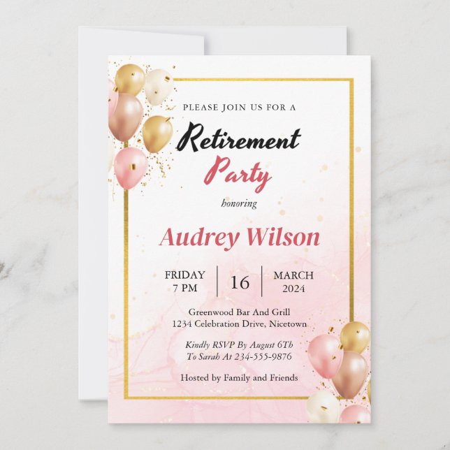 Retirement Party Invitation Gold Pink Modern (Front)