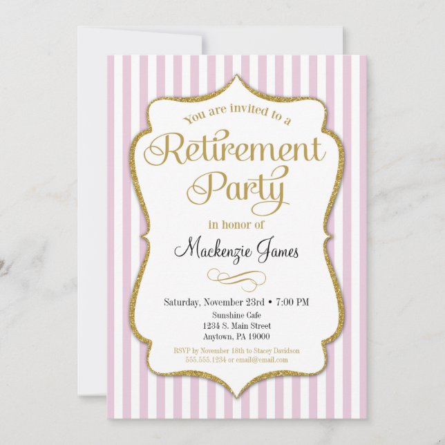 Retirement Party Invitation Pink Gold Elegant Lady (Front)